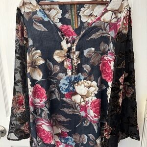 Aratta Floral Blouse with Pink and Blue Accents